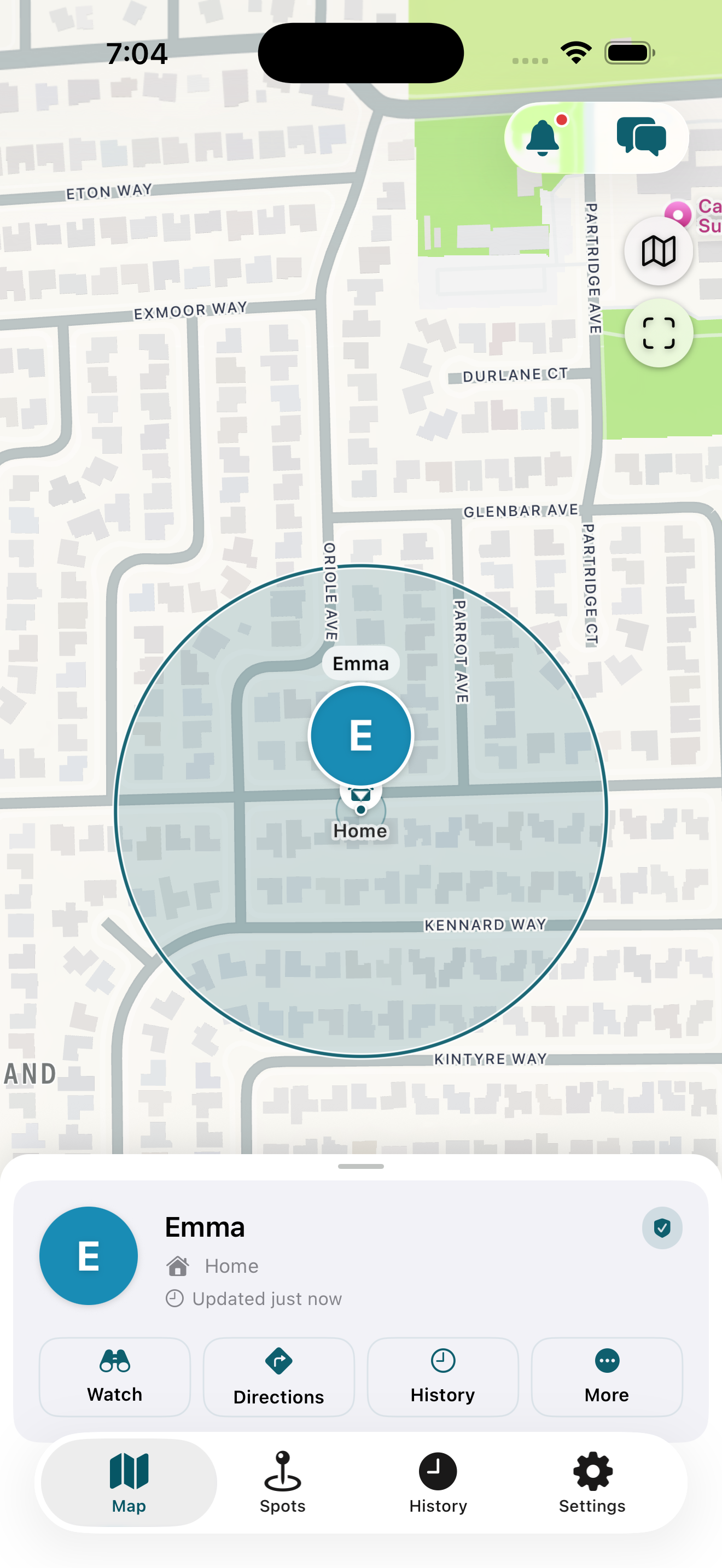 Live map showing Emma's avatar pin at her Home spot in a residential Cupertino neighborhood, with arrival fresh seconds ago.