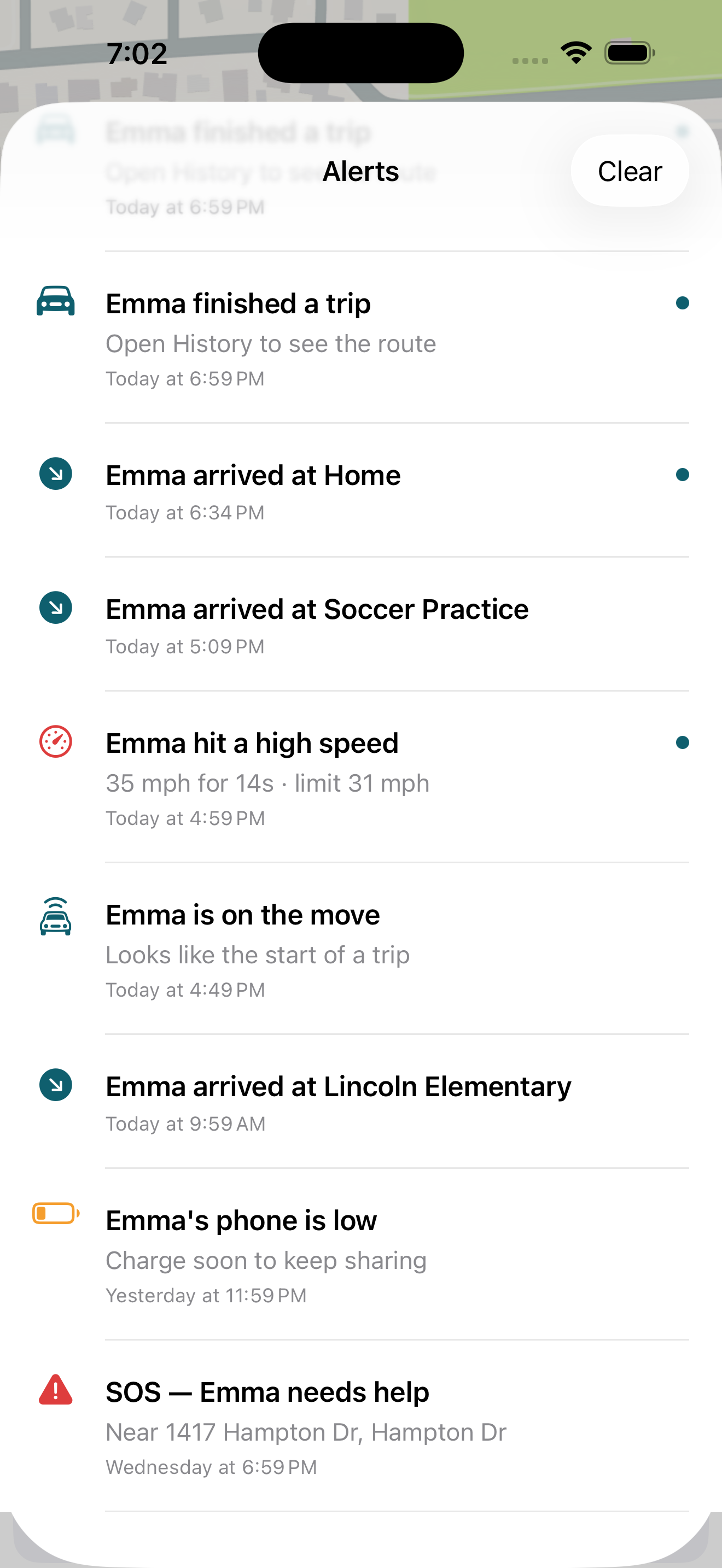 Alerts list showing the day's events — arrived at Home, arrived at Soccer Practice, hit a high speed of 35 mph, low battery, and a past SOS.