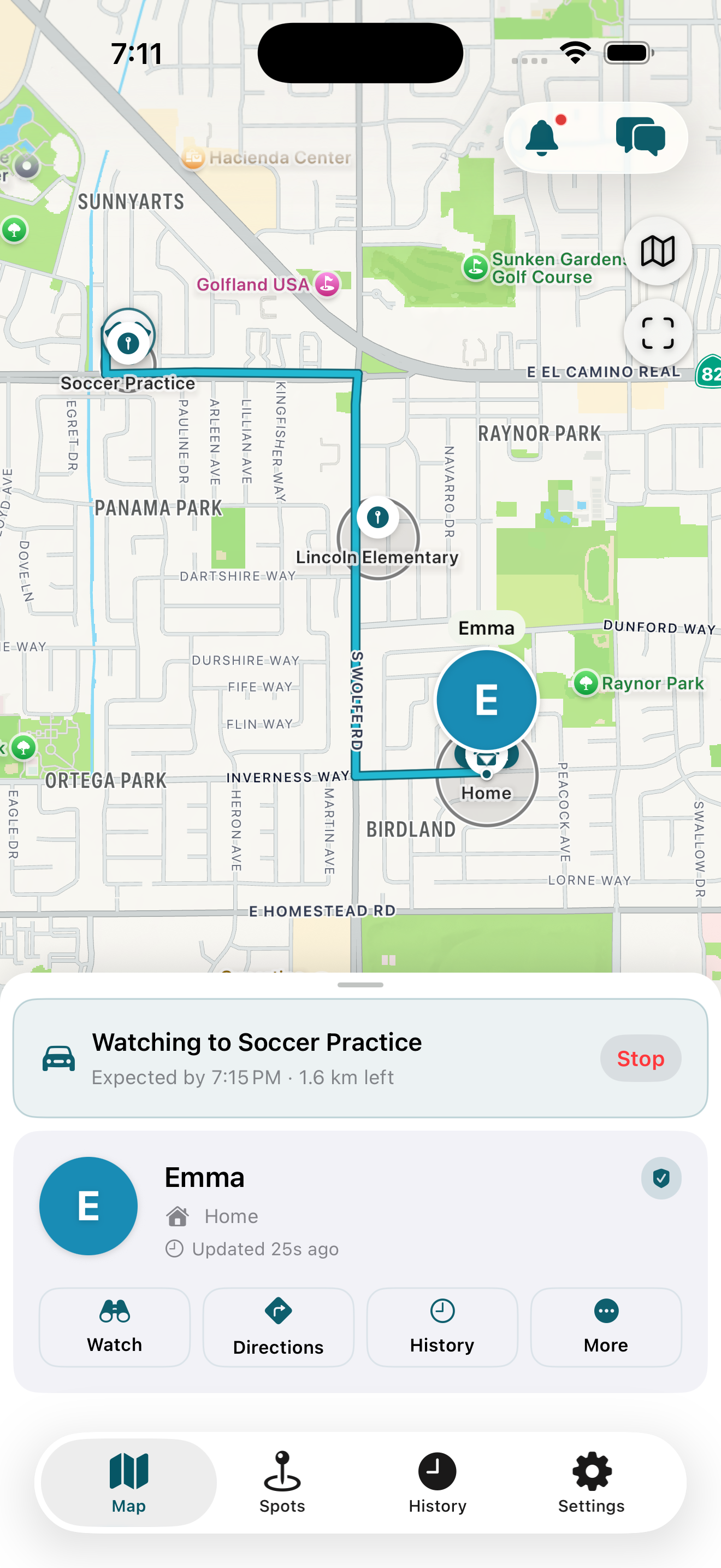 Watch-Over session active, showing a route to Soccer Practice with an ETA of 7:15 PM and 1.6 km remaining.