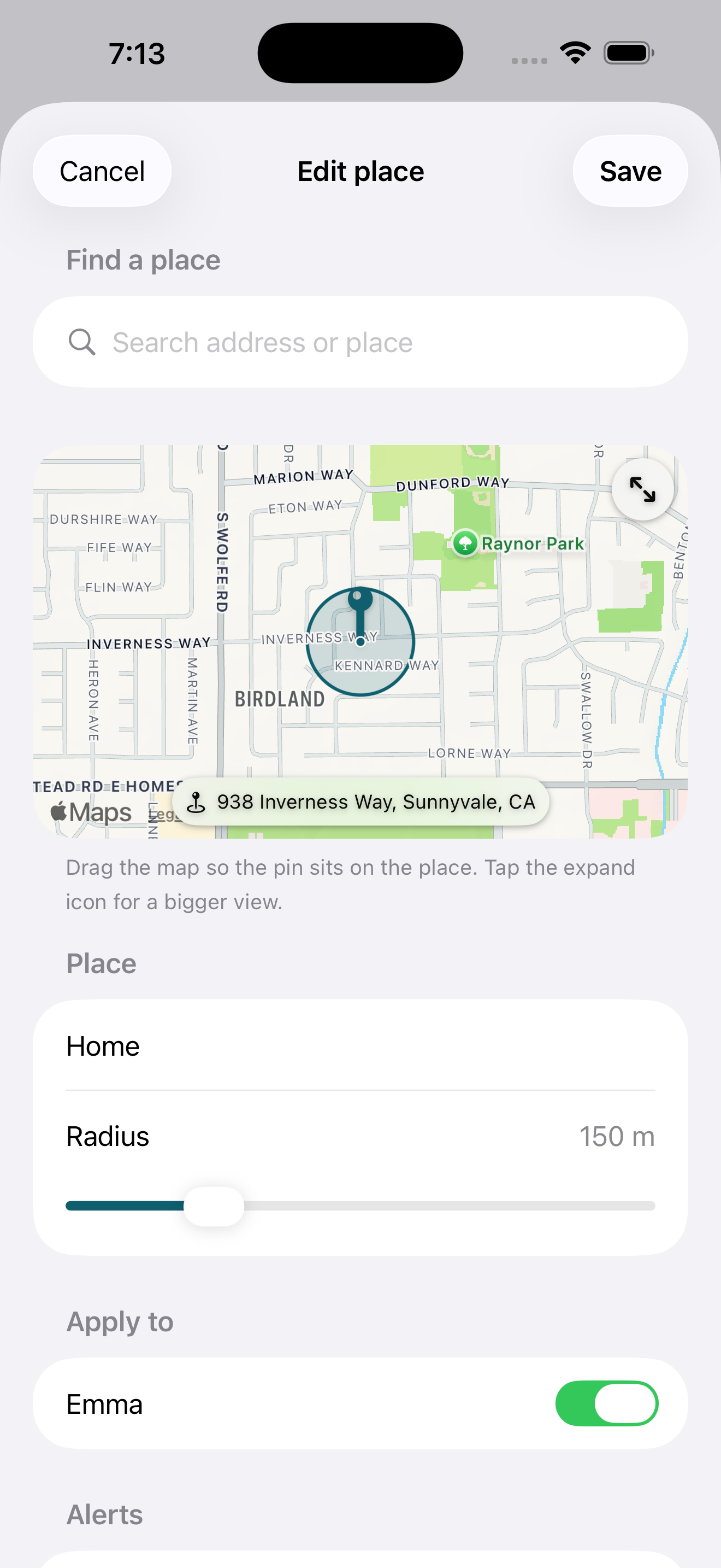 Edit place screen for Home with the map preview, radius set to 150m, applied to Emma, and alert options for arriving and leaving.