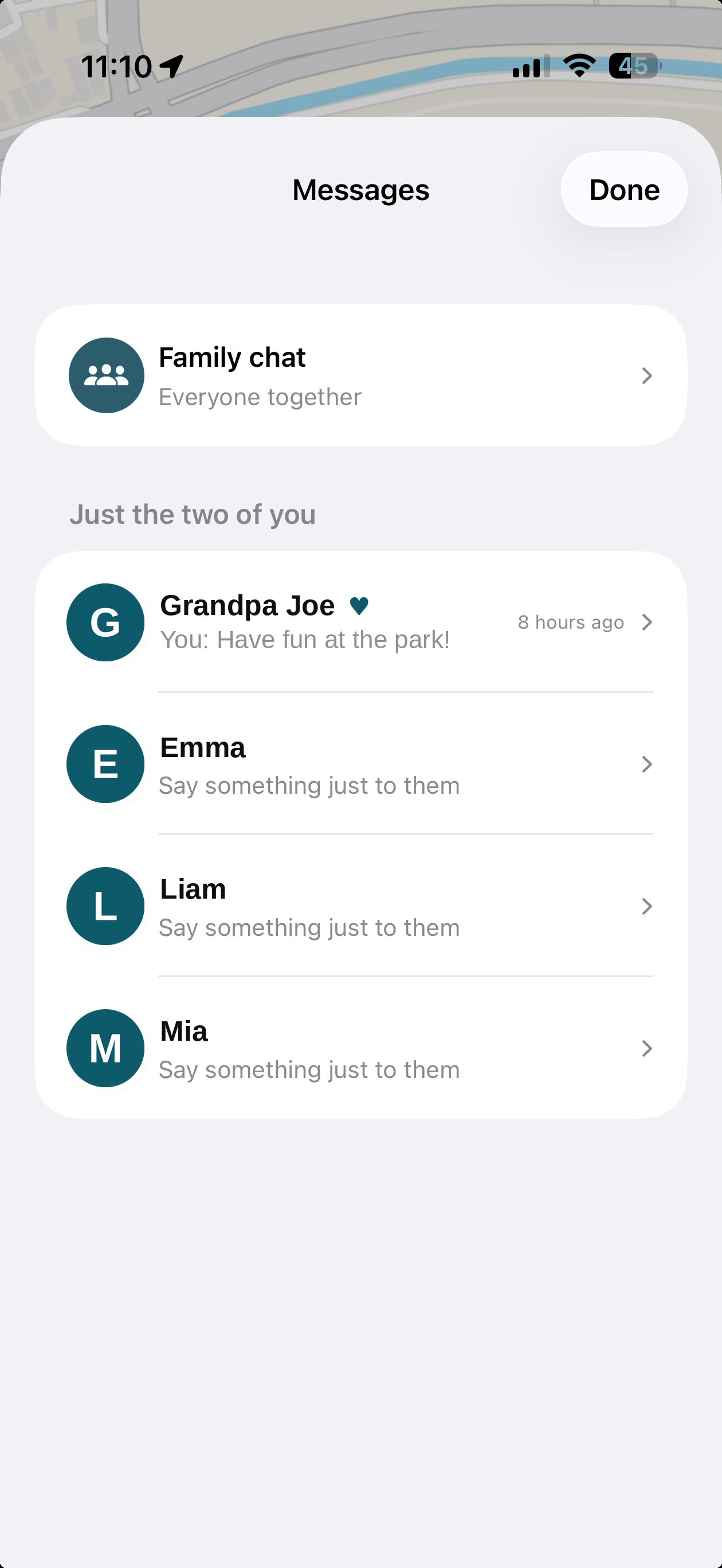 Messages inbox showing the family chat on top, then private one-on-one rows for Grandpa Joe, Emma, Liam, and Mia.