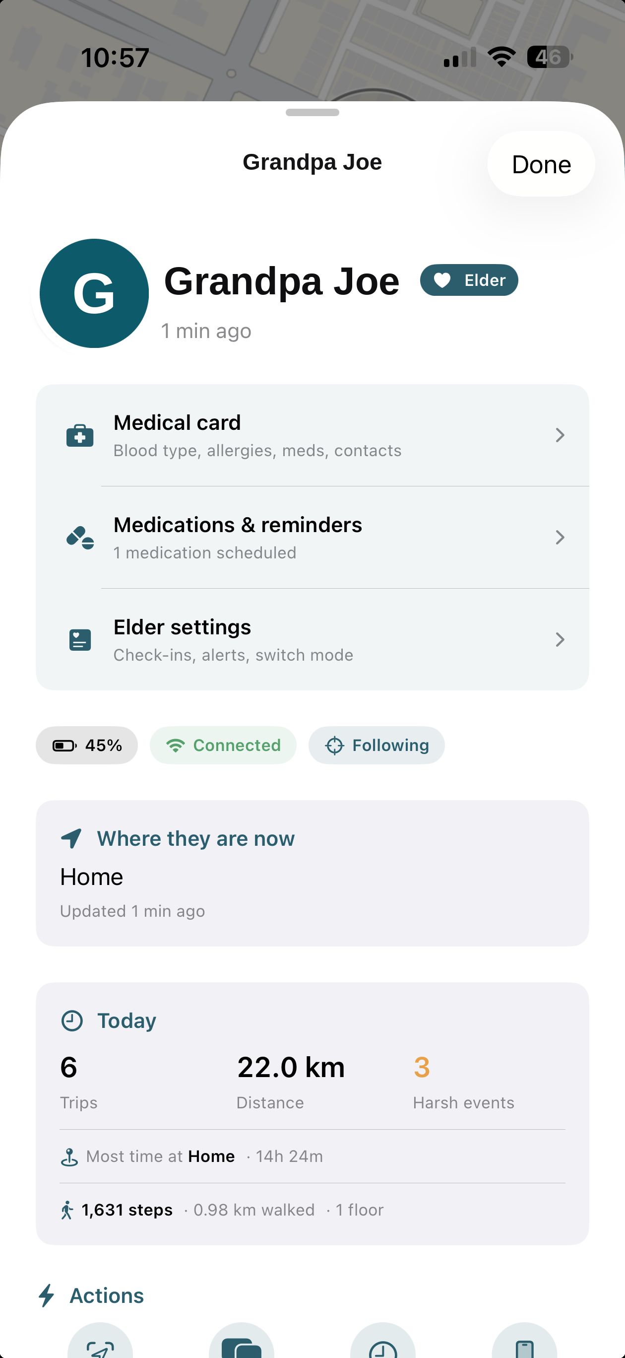 Grandpa Joe's member sheet with an Elder badge, medical card, medications and reminders, elder settings, and his day's activity.